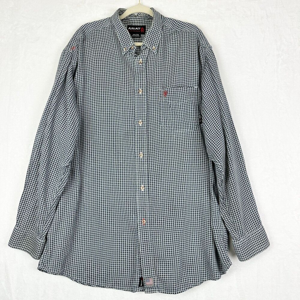 Ariat Mens FR Plaid Work Shirt Size XXL Flame Resistant Blue White Button Down